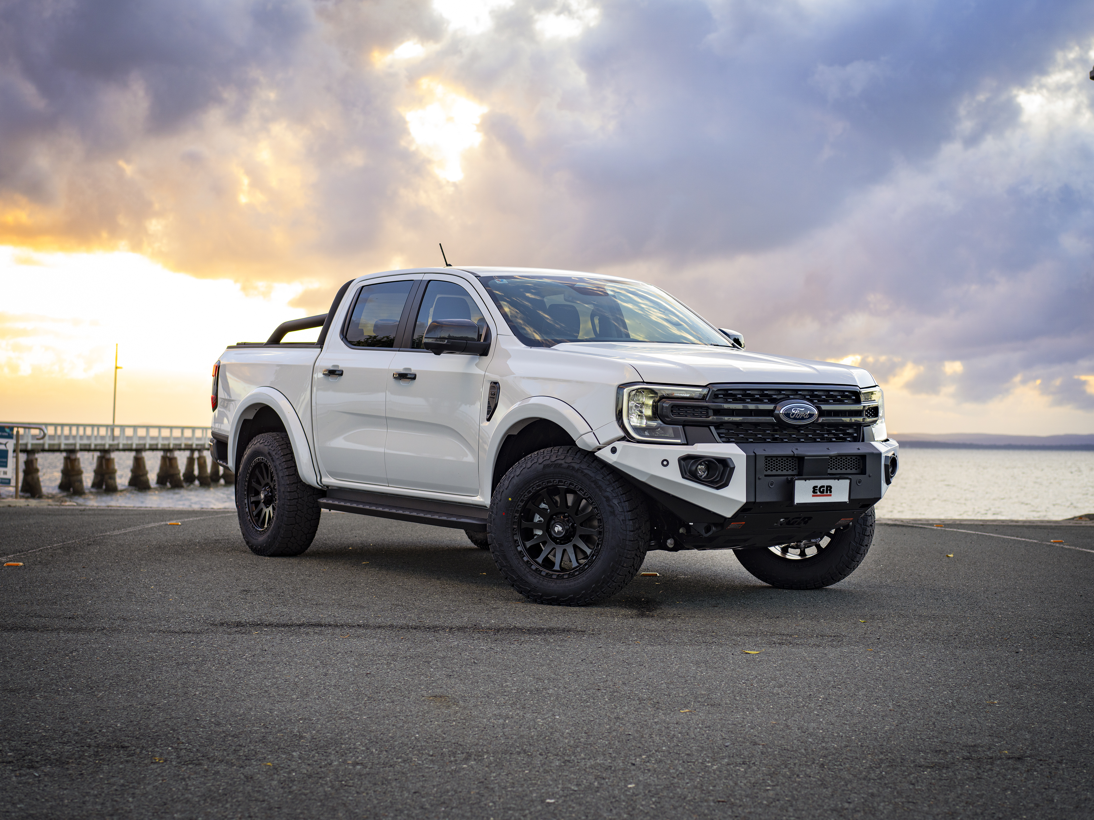 Ford Ranger fitted with EGR bull bar and 4x4 accessories at sunset